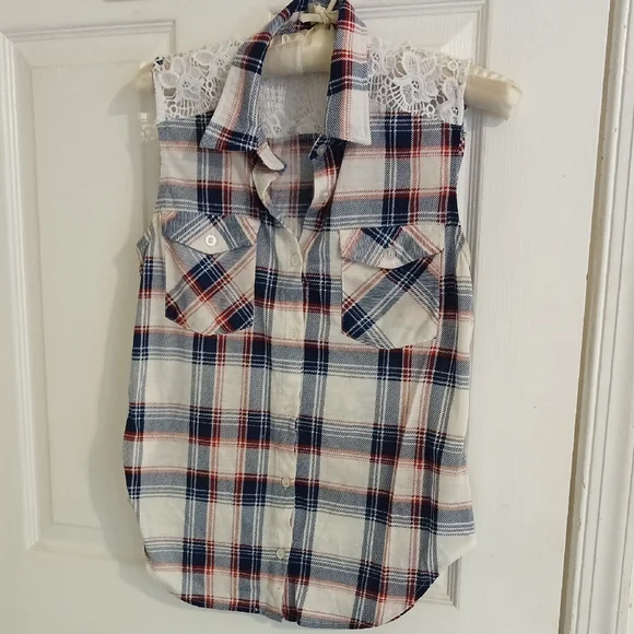 Stella Tweed Red and Blue Plaid Sleeveless Shirt with Lace - Picture 1 of 4